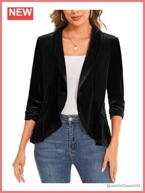 Velvet Blazer 3/4 Sleeve Ruffle Tailored Suit Jacket Women's